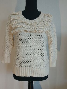 Crewneck Fringe Open-Knit Sweater in Cream